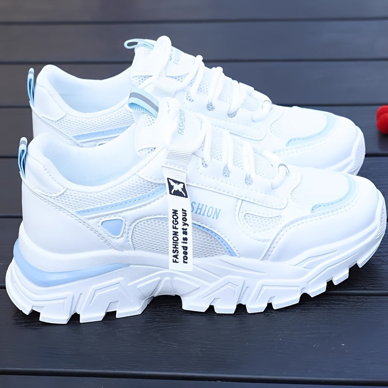 Women's White Mesh Low Top Sneakers with Lace-Up Closure and PVC Sole