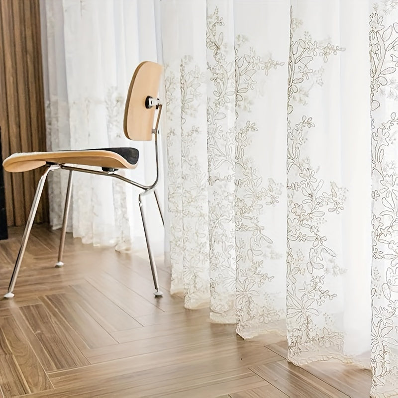 Golden Thread Embroidery Sheer Curtain for Living Room and Bedroom European Style Voile Window Treatment