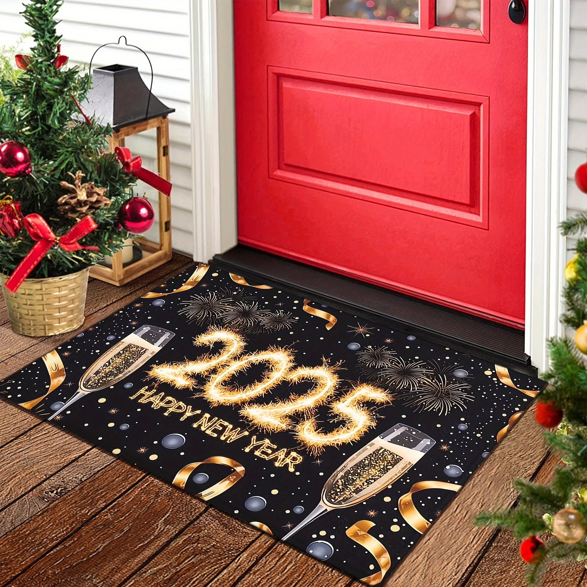 Rectangular Polyester Fiber Doormat with Champagne Cup Print Non-Slip Machine Washable for Entryway Kitchen Bathroom