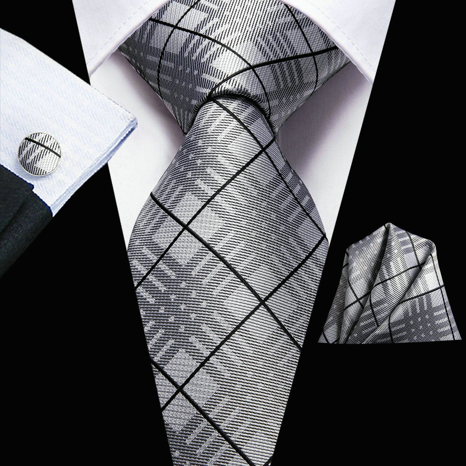 Men's Plaid Necktie Set with Hanky and Cufflinks for Weddings Business and Parties
