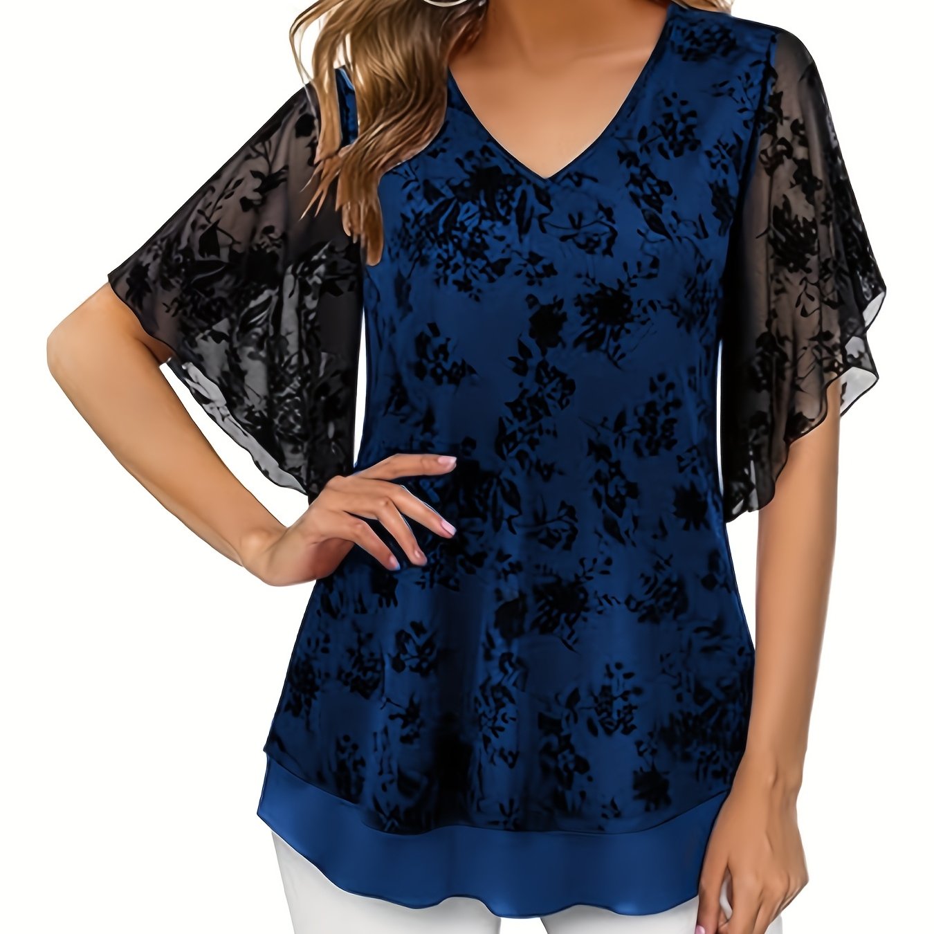 Women Plus Size Double Layer Mesh Elegant Blouses