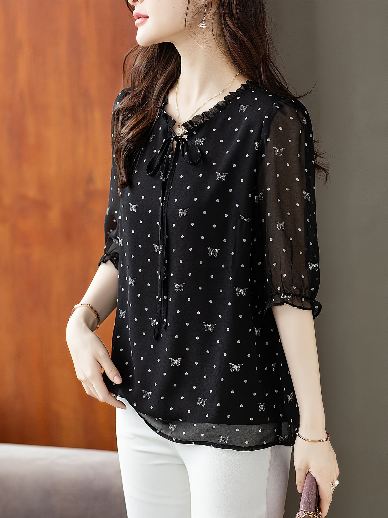 Black Floral Chiffon Blouse with Bow Tie Neck Sheer Sleeves Summer 2024