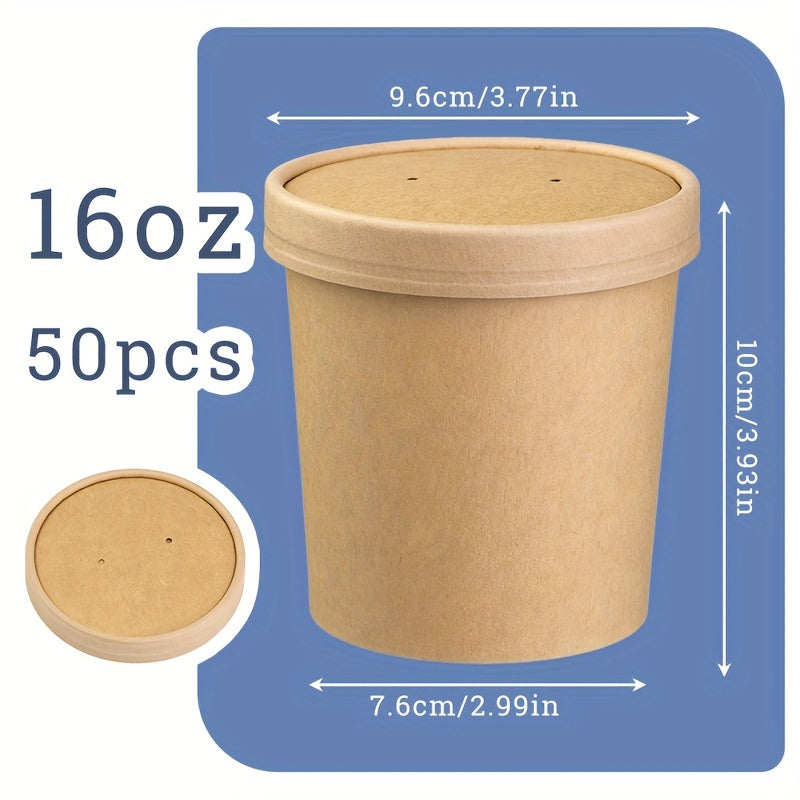 50 Pack Paper Bowls with Lids 16oz Disposable Soup Cups Food Containers Brown