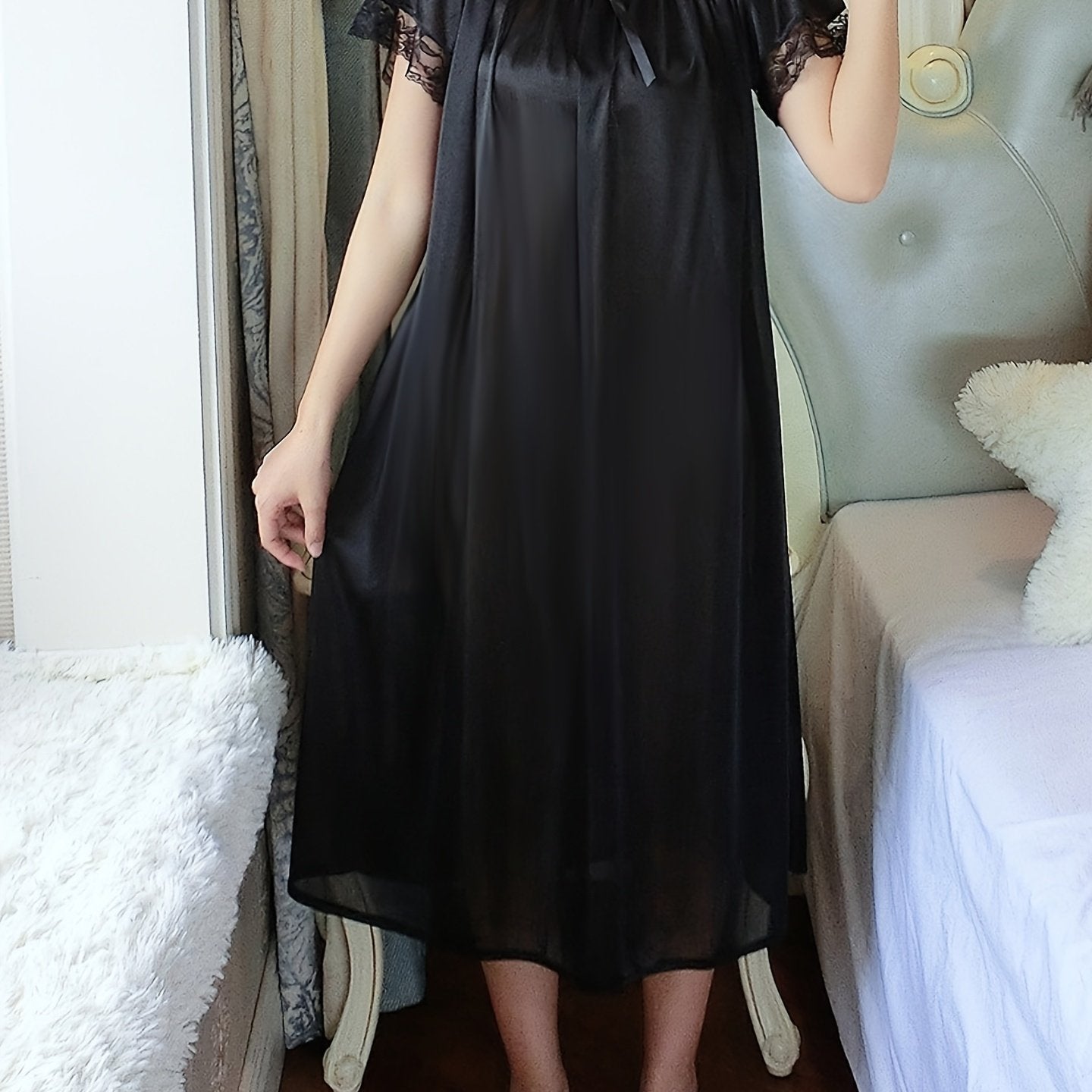 Women's Off-Shoulder Night Dress Short Sleeve Solid Polyester Sleepwear for Spring Summer