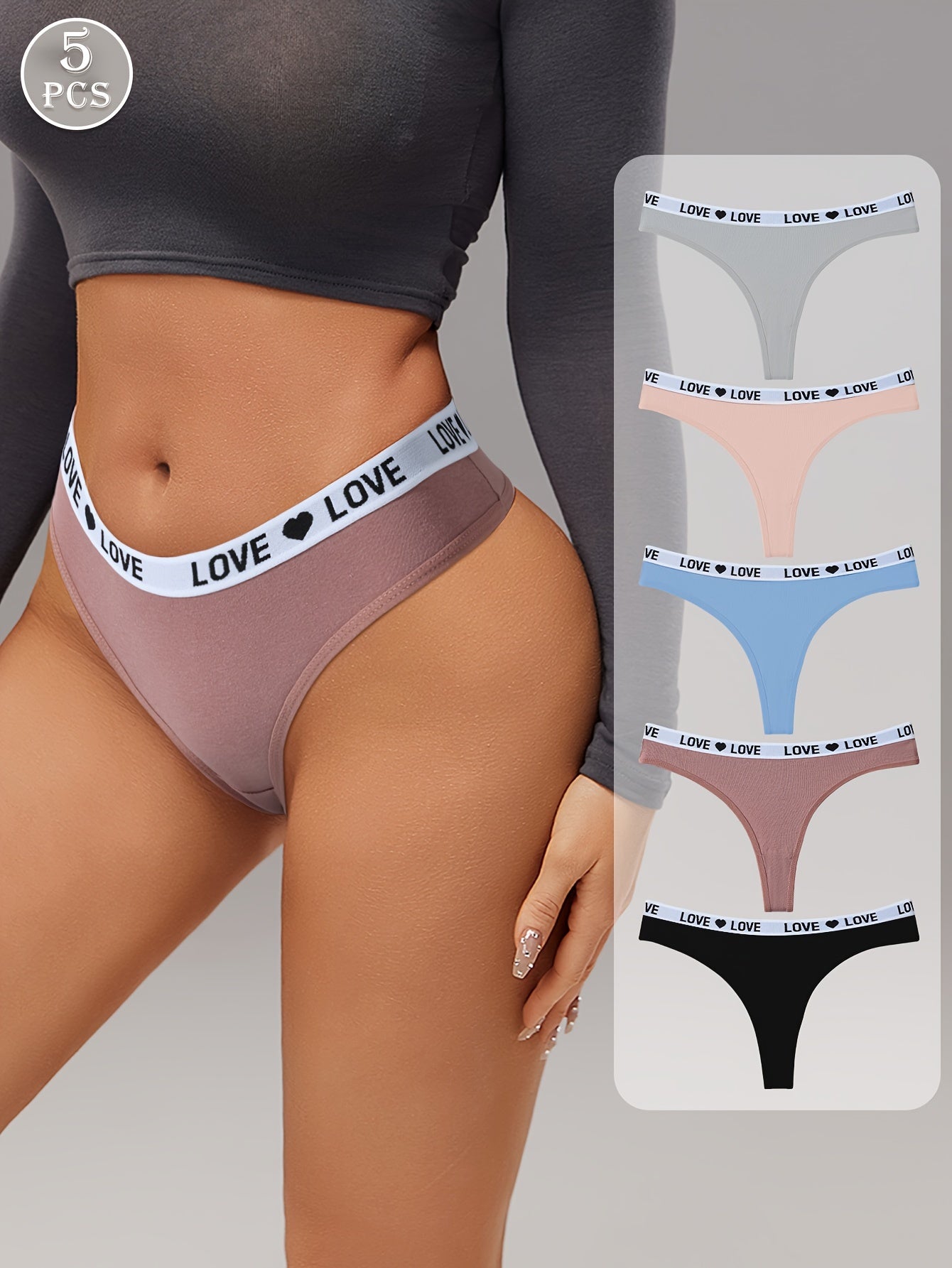 Women's Cotton Thong Panties 5-Pack with Lettering Stretchy Band Assorted Colors