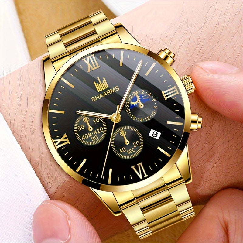Men's Stainless Steel Quartz Watches with Calendar, Casual and Sport Styles