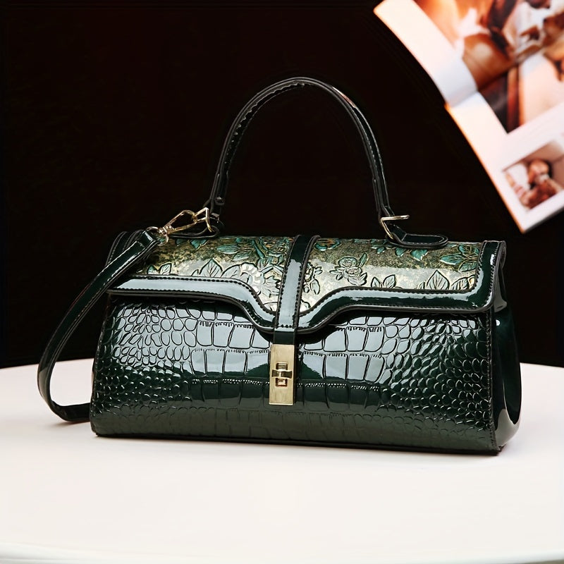 Vintage Geometric Pattern Clutch Bag with Removable Strap and Kiss Lock Closure Black Green