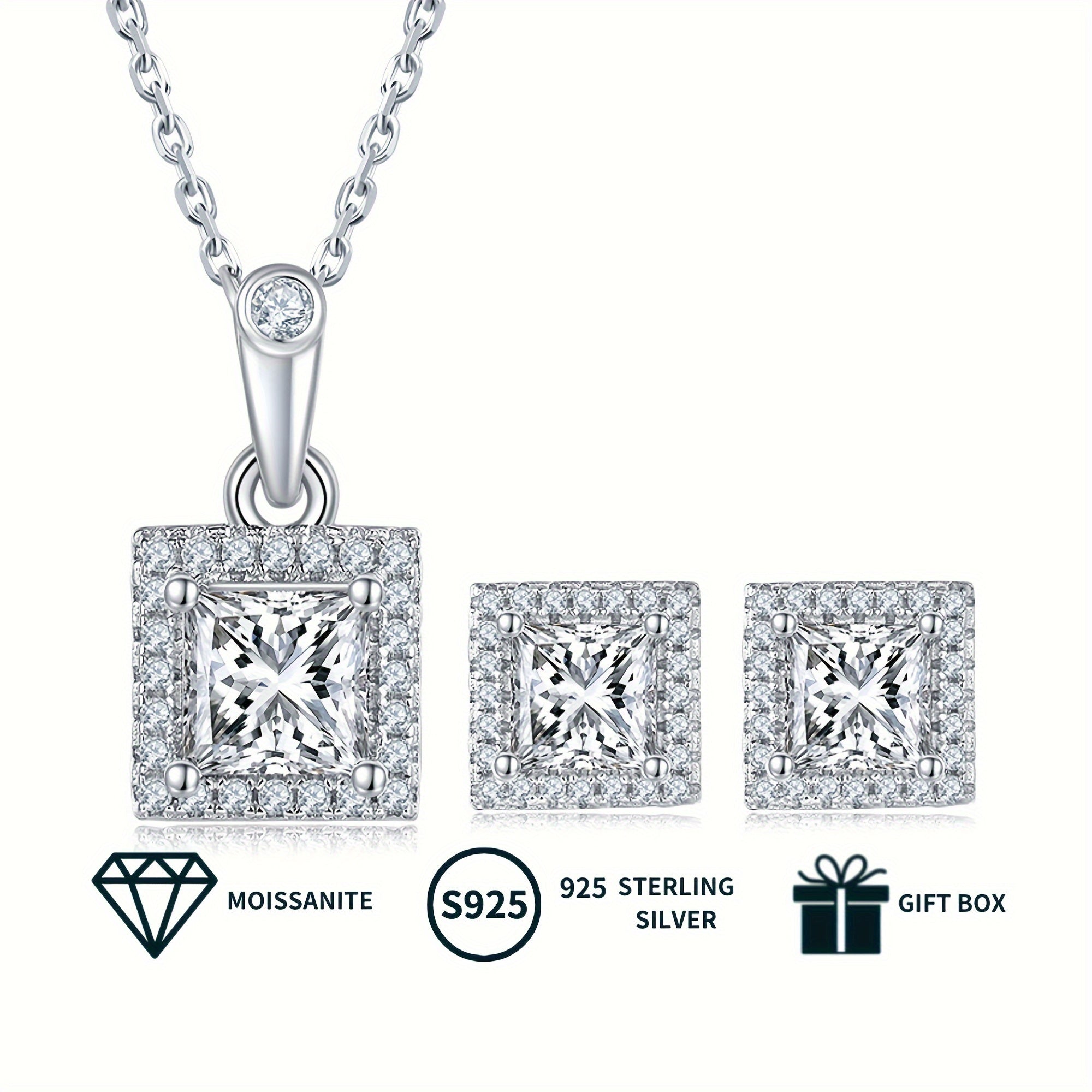 Square Moissanite Jewelry Set for Women with Necklace and Earrings Sterling Silver Engagement Wedding Anniversary Gift