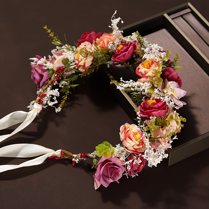 Colorful Polyester Rose Crown Headband for Bridal Parties and Special Occasions