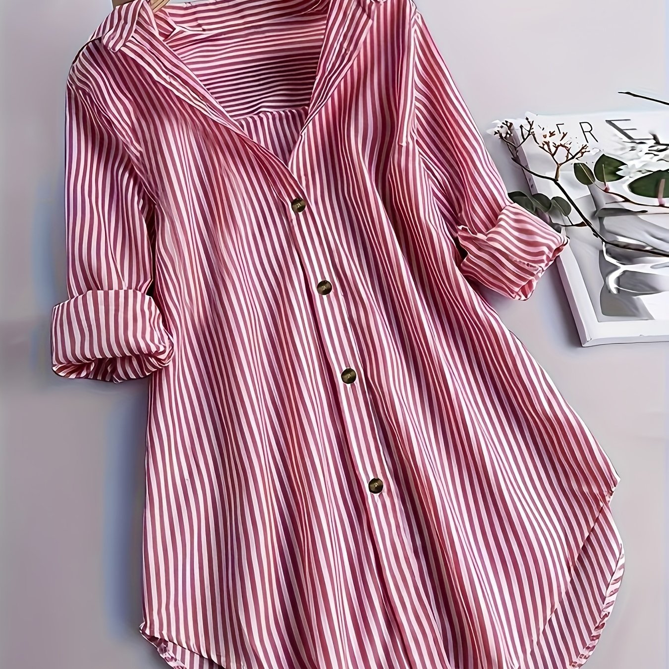 Plus Size Women's Striped Button-Down Shirt Long Sleeve Blue White
