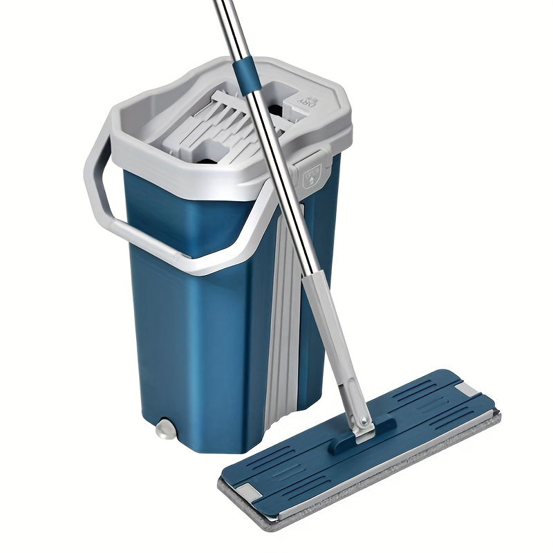 Stainless Steel Flat Mop Set with Bucket, Hands-Free Wringer, Microfiber Pads
