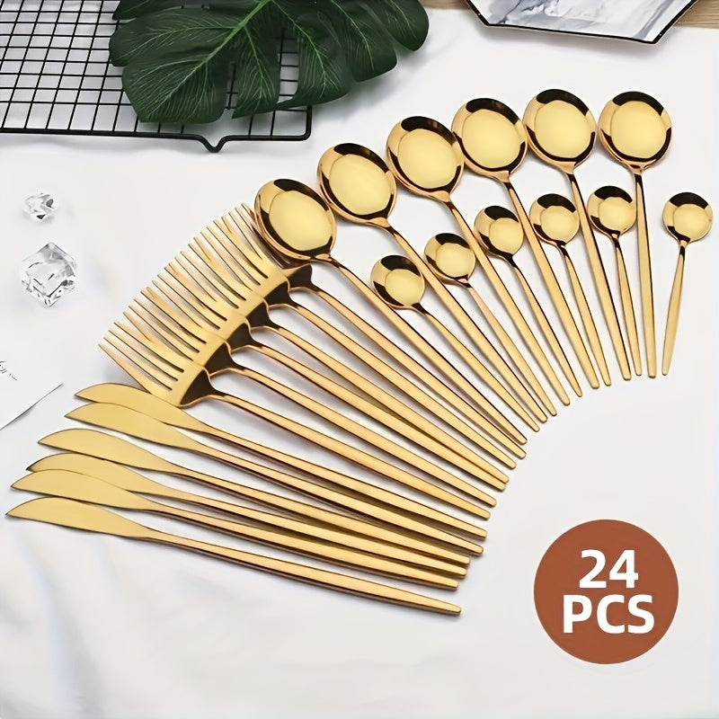 24-Piece Stainless Steel Flatware Set High-Temperature Resistant Rust-Proof Golden Finish