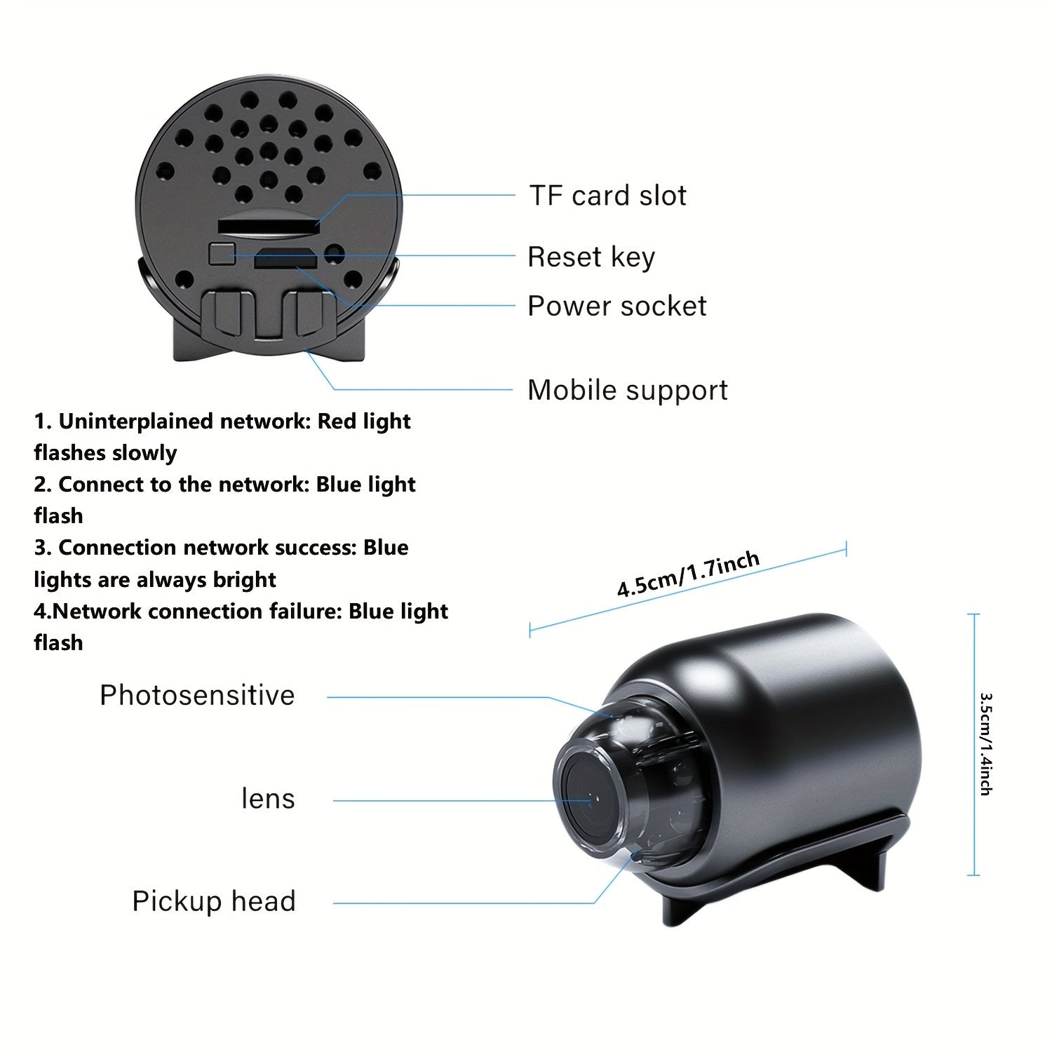 Portativ WiFi xavfsizlik kamerası, masofadan monitoring, 480P HD video, USB quvvatlanadi, iOS va Android bilan mos, simsiz, SD karta kiritilmagan