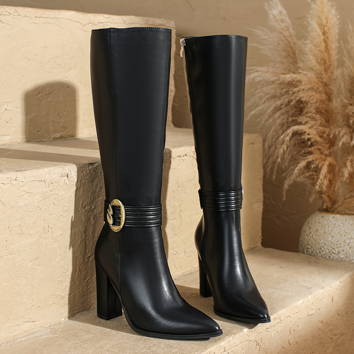 Женские ботинки из искусственной кожи с массивным каблуком и заостренным носком, до колена, черные, всесезонная стильная обувь