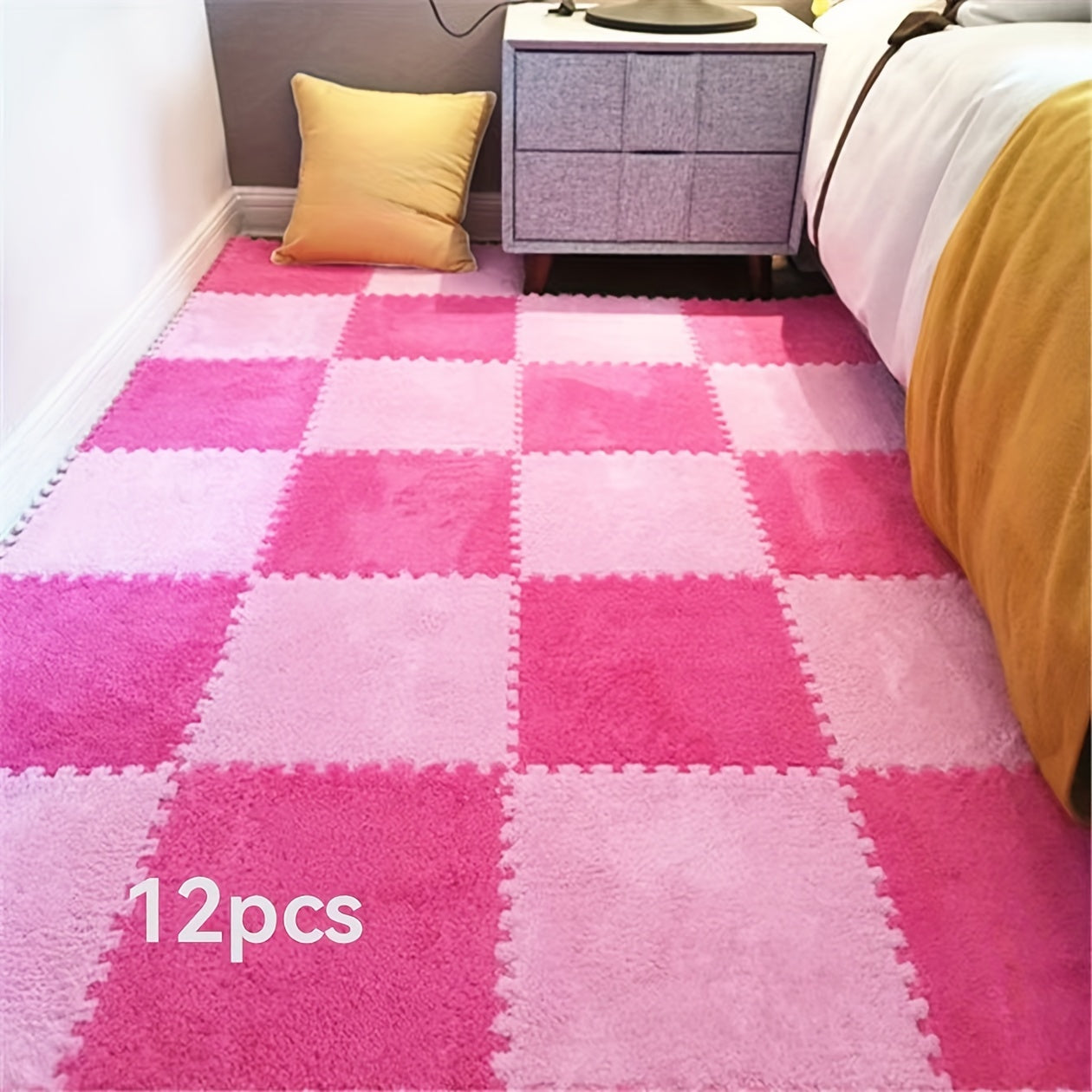 12pcs Square Flower Pattern Plush Area Rugs Set Washable Non-Slip Low Pile Polyester EVA Bedroom Living Room Decor