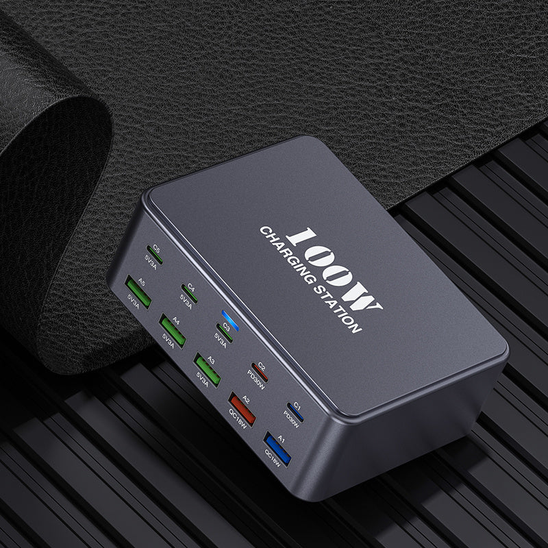 Cargador rápido USB C 100W GaN, concentrador de 10 puertos para iPhone, iPad y dispositivos Samsung