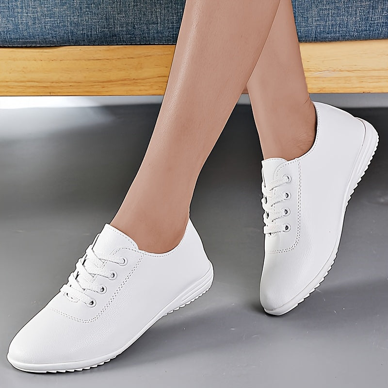 Women's White Casual Sneakers Lightweight Non-Slip Round Toe Lace-Up Faux Leather PU Sole