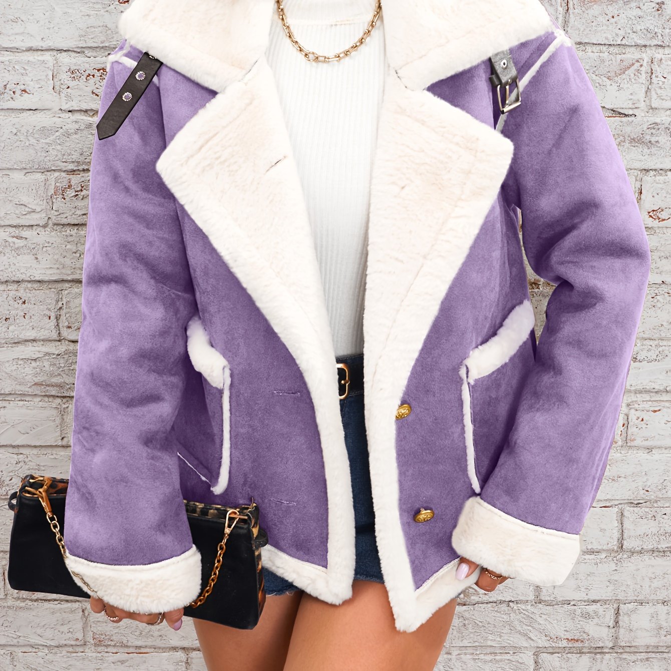 Women's Cozy Plush Lapel Jacket Fall Winter Solid Polyester Casual Biker Outwear