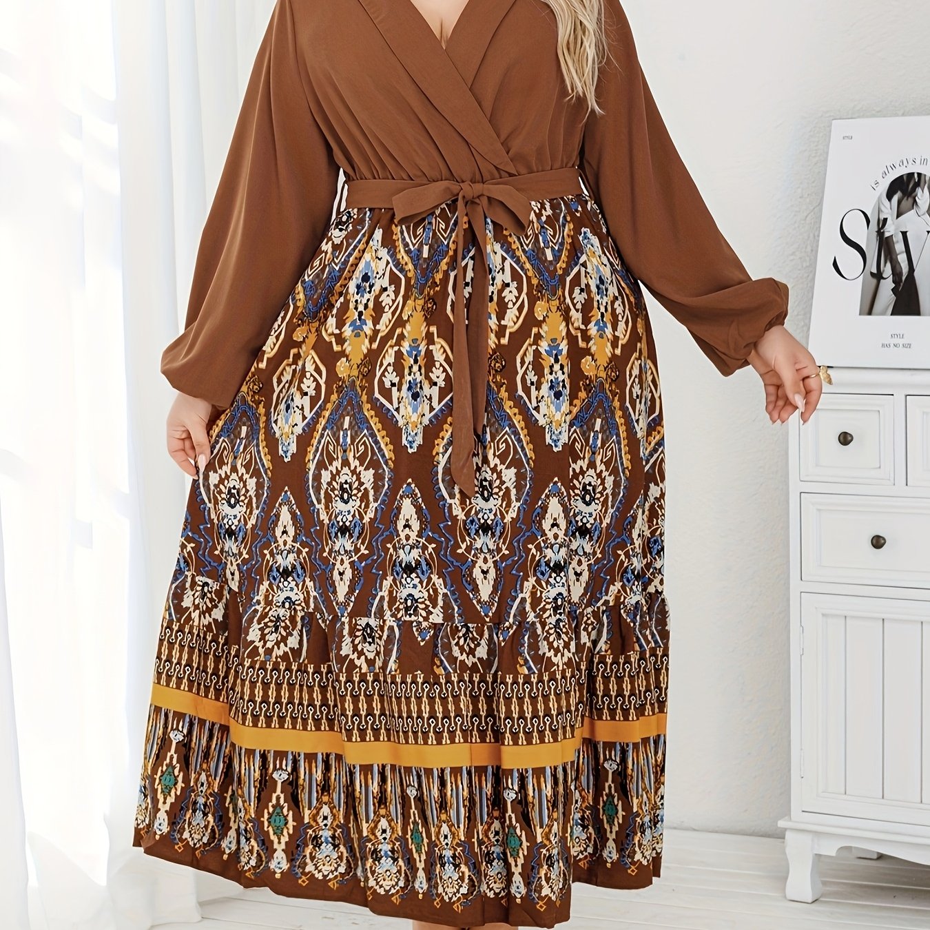 Vestido túnica de talla grande para mujer con escote en V, poliéster, para todas las estaciones, con cinturón de tejido