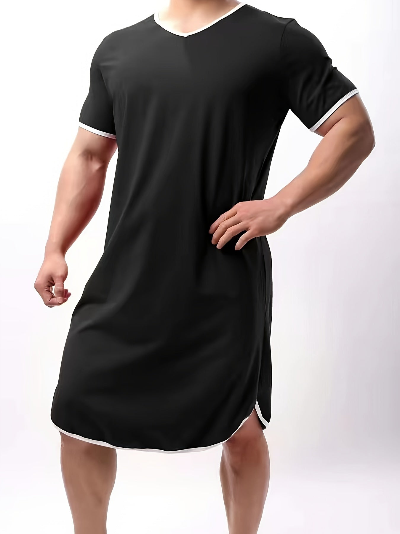 Men's Summer Stretch V-Neck Knee-Length Sleepwear Robe in Solid Color