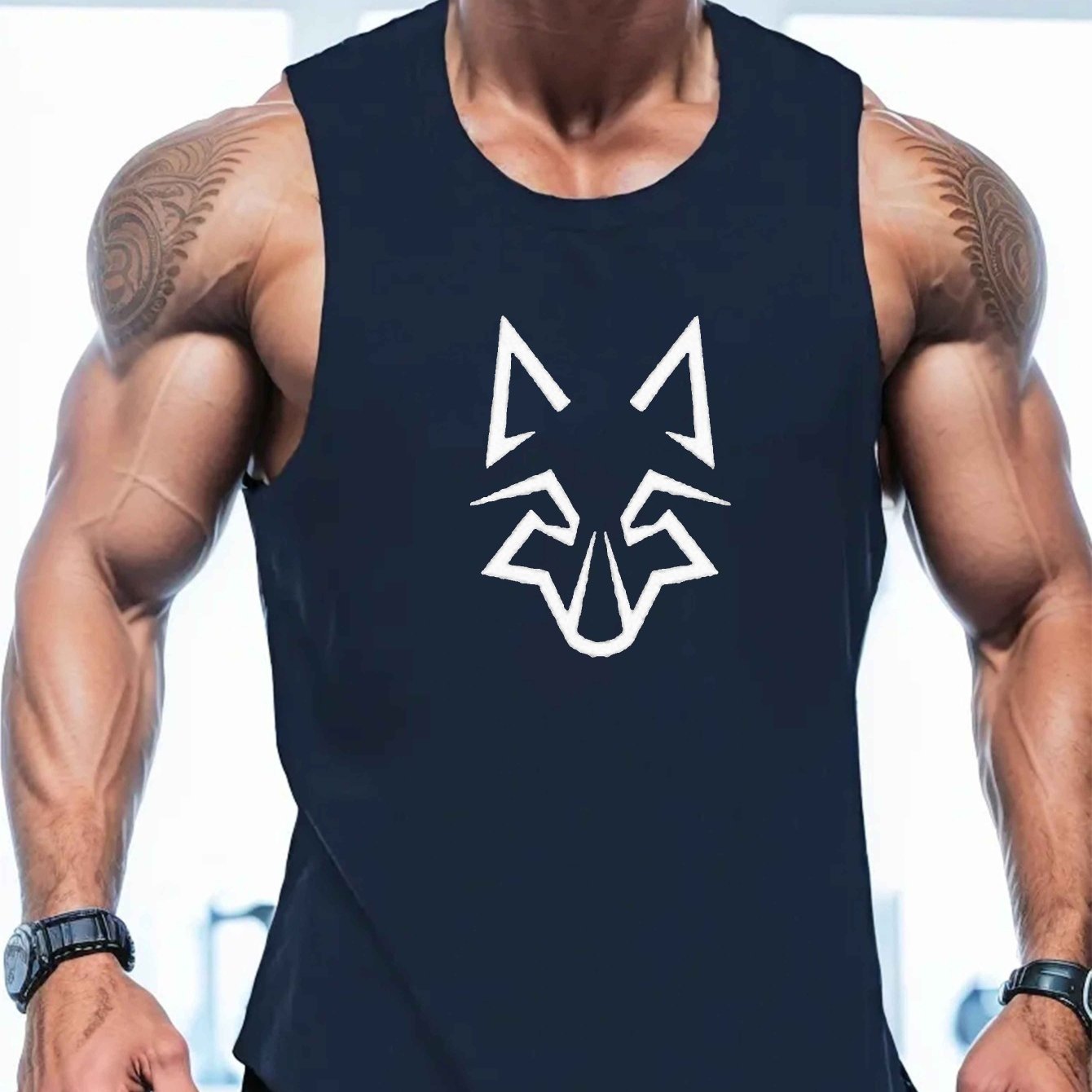 Men's Large Polyester Geometric Wolf Head Design Summer Vest Sports Regular Fit