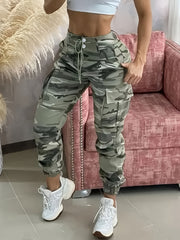 Women's Camo Print High-Waist Joggers with Drawstring and Machine Washable