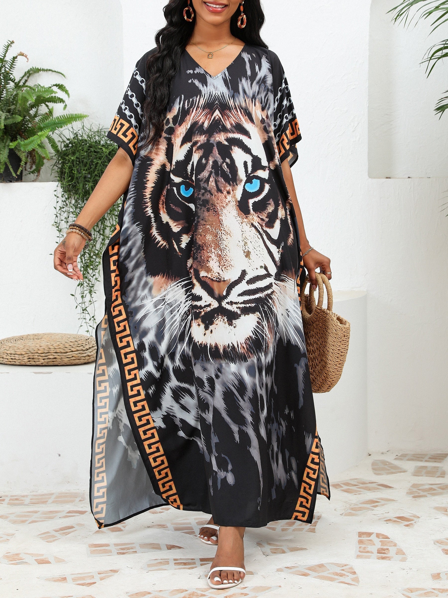 Plus Size Tiger Print V-Neck Boho Cover Up for Fall and Winter Beach Vacations