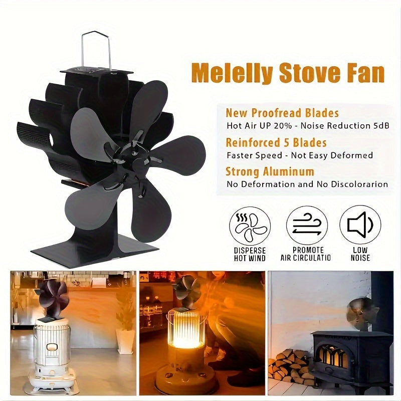 5-Blade Wooden Stove Fan for Log Burners Quiet Air Circulation Home Use