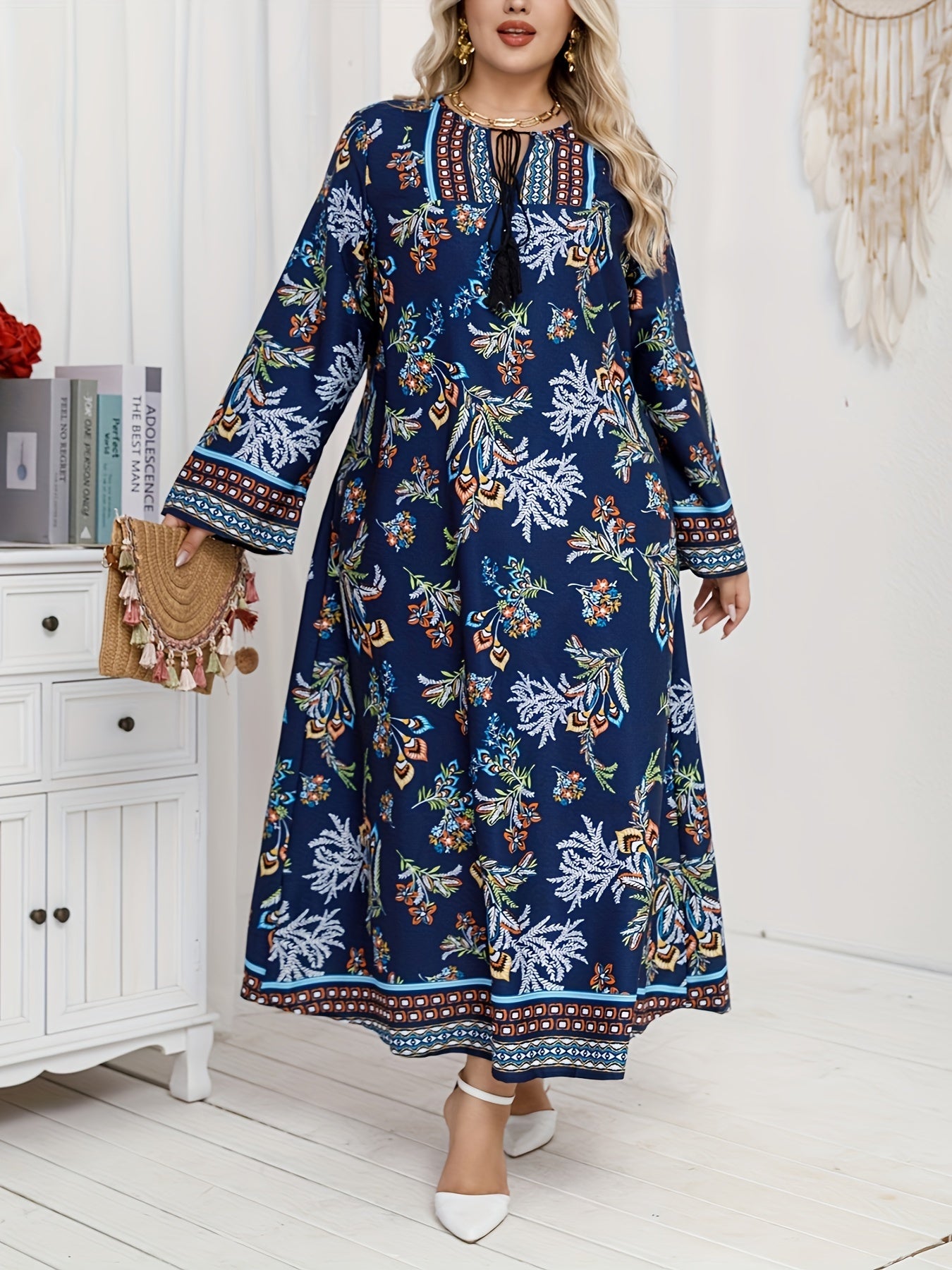 Plus Size Women's Loose Dress Middle Eastern Style Elegant Print Casual