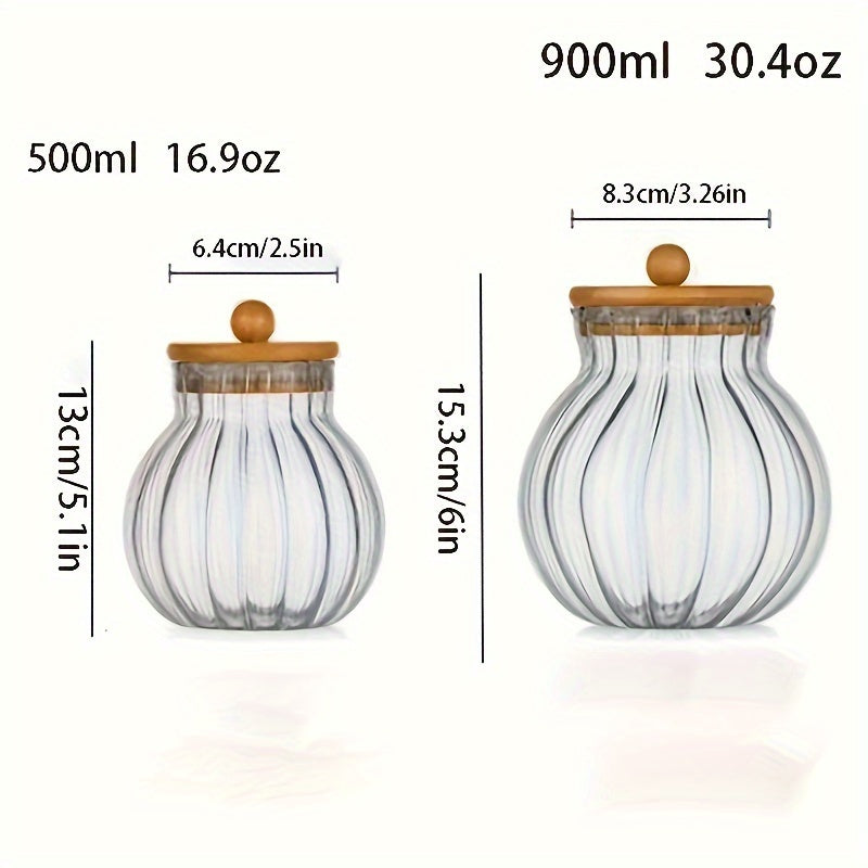 Glass Storage Jar With Bamboo Lid, Striped, for Tea Snacks and Seasonings
