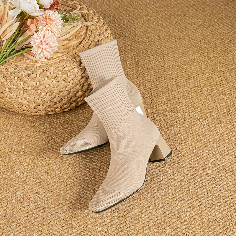 Women's Ankle Boots Breathable Knit Slip-On Block Heel Solid Color