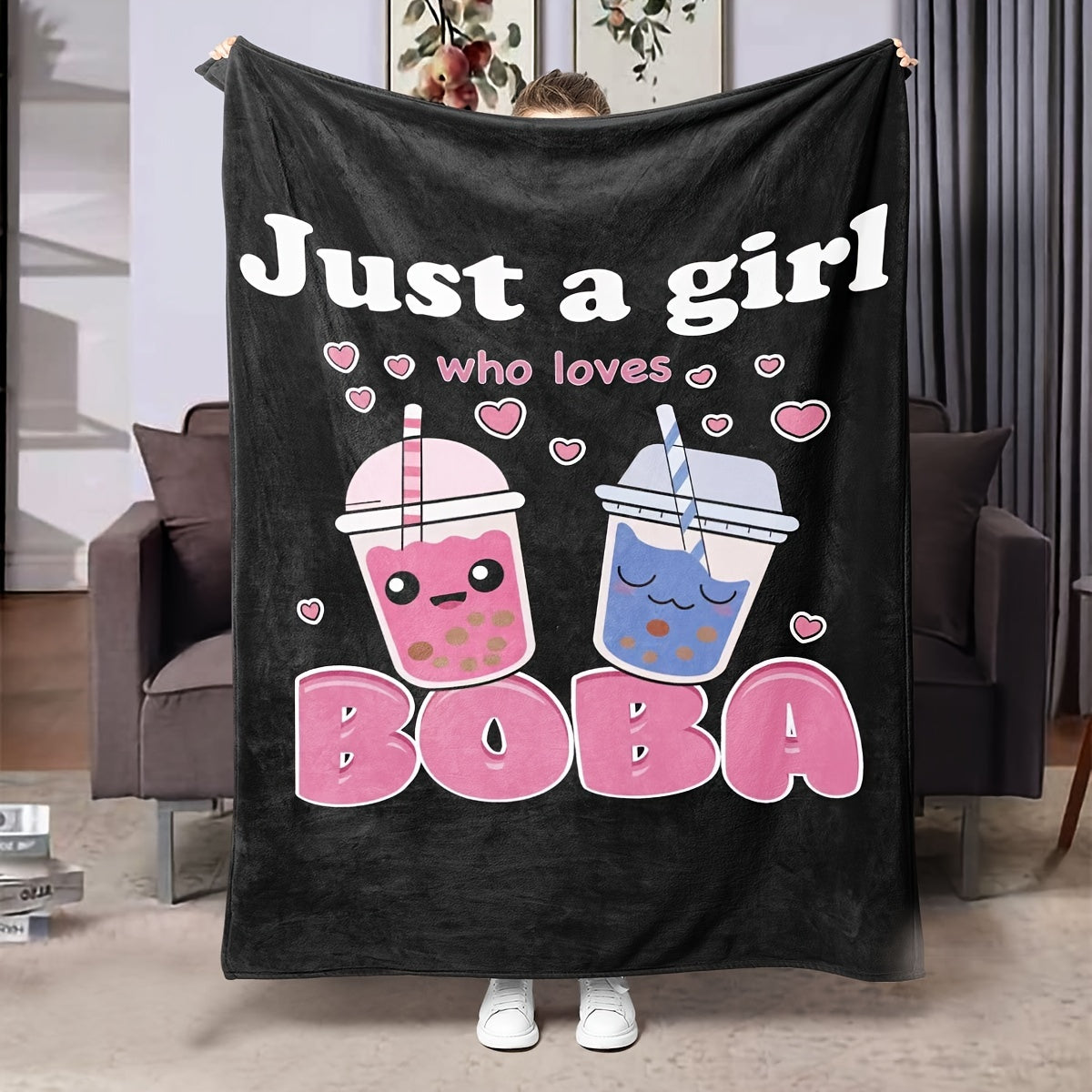 Anime Boba Milk Tea Fleece Blanket for Girls Soft Plush Flannel Bed Chair Throw