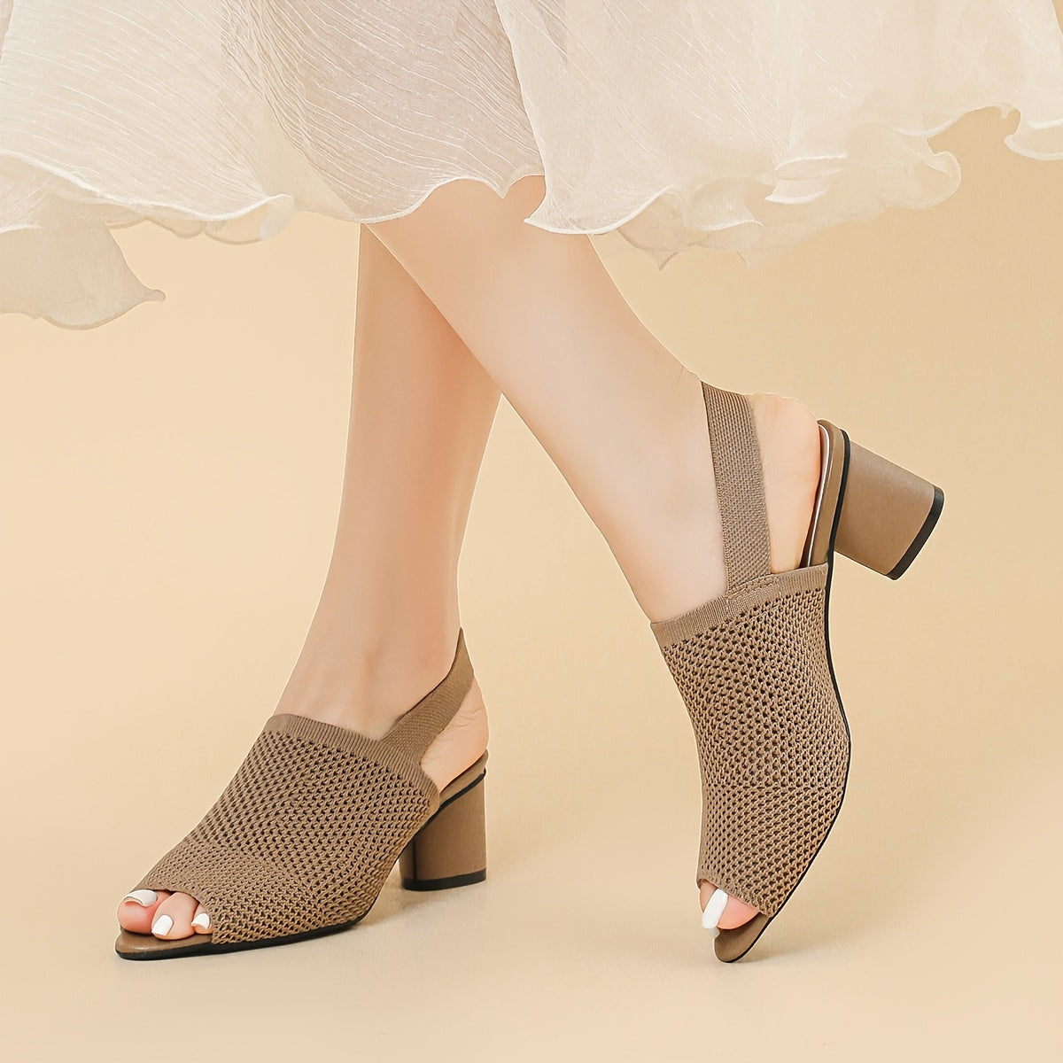 Women's Mesh Peep-Toe Chunky Heel Sandals Slip-On Elastic Ankle Strap Mid Heel