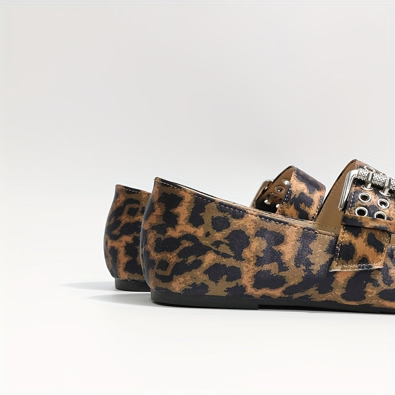 Women's Leopard Print Mary Jane Flats Square Toe Buckle Comfort Shoes