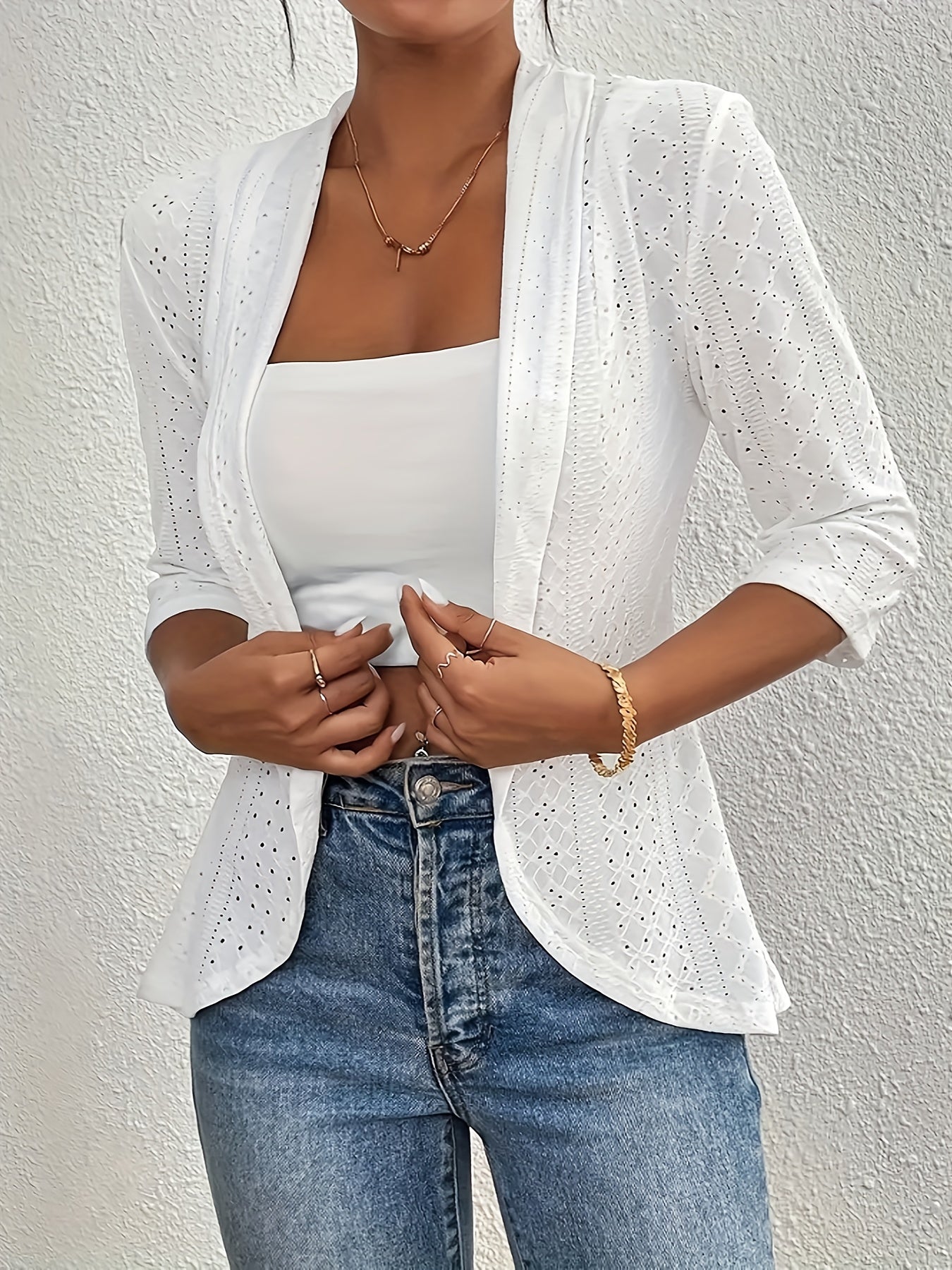 Plus Size Women's Light White Half Sleeve Cardigan with Eyelet Embroidery