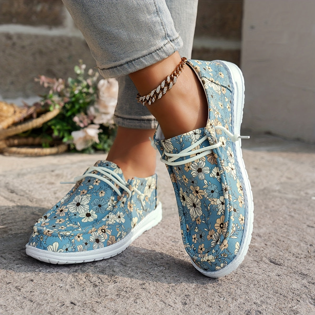 Women's Floral Print Loafers Slip-On Mules with Elastic Laces EVA Sole