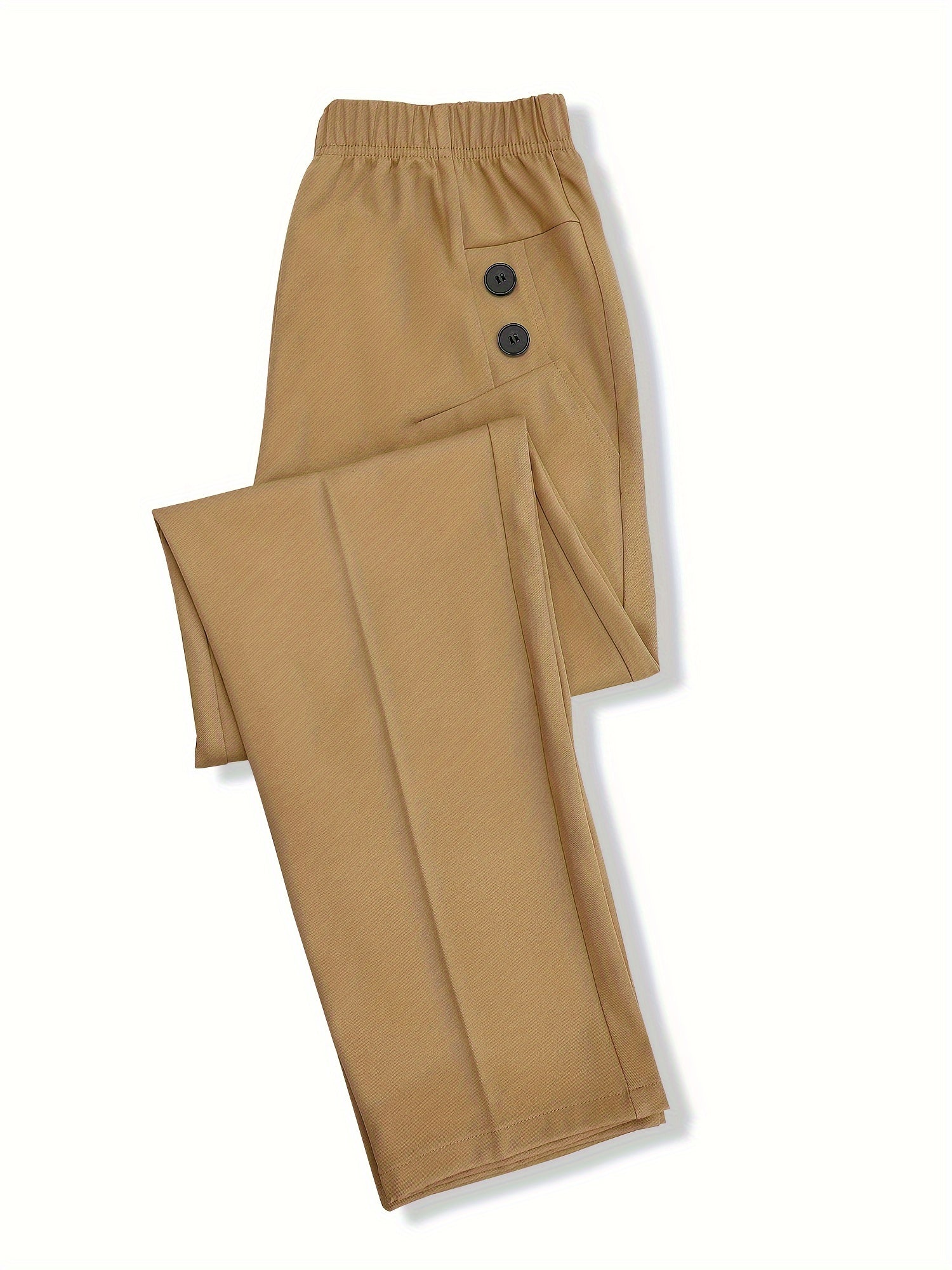 Women's Plaid Print Woven Trousers with Elastic Waist and Button Decor for Work