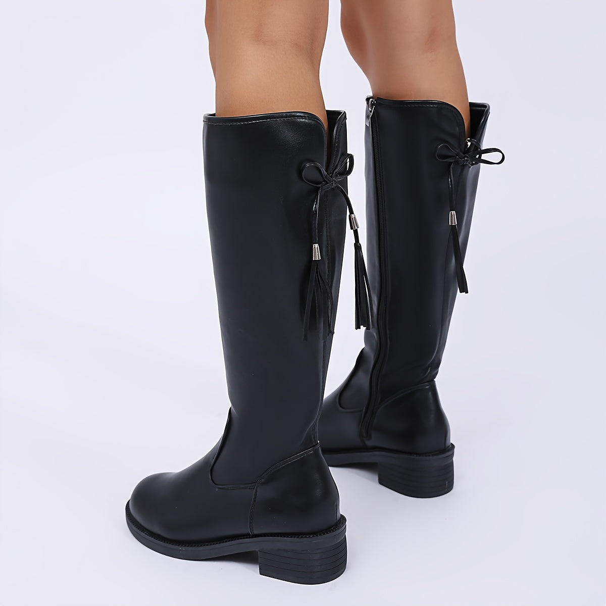 Women's Black Faux Leather Riding Boots with Chunky Heel and Side Zipper