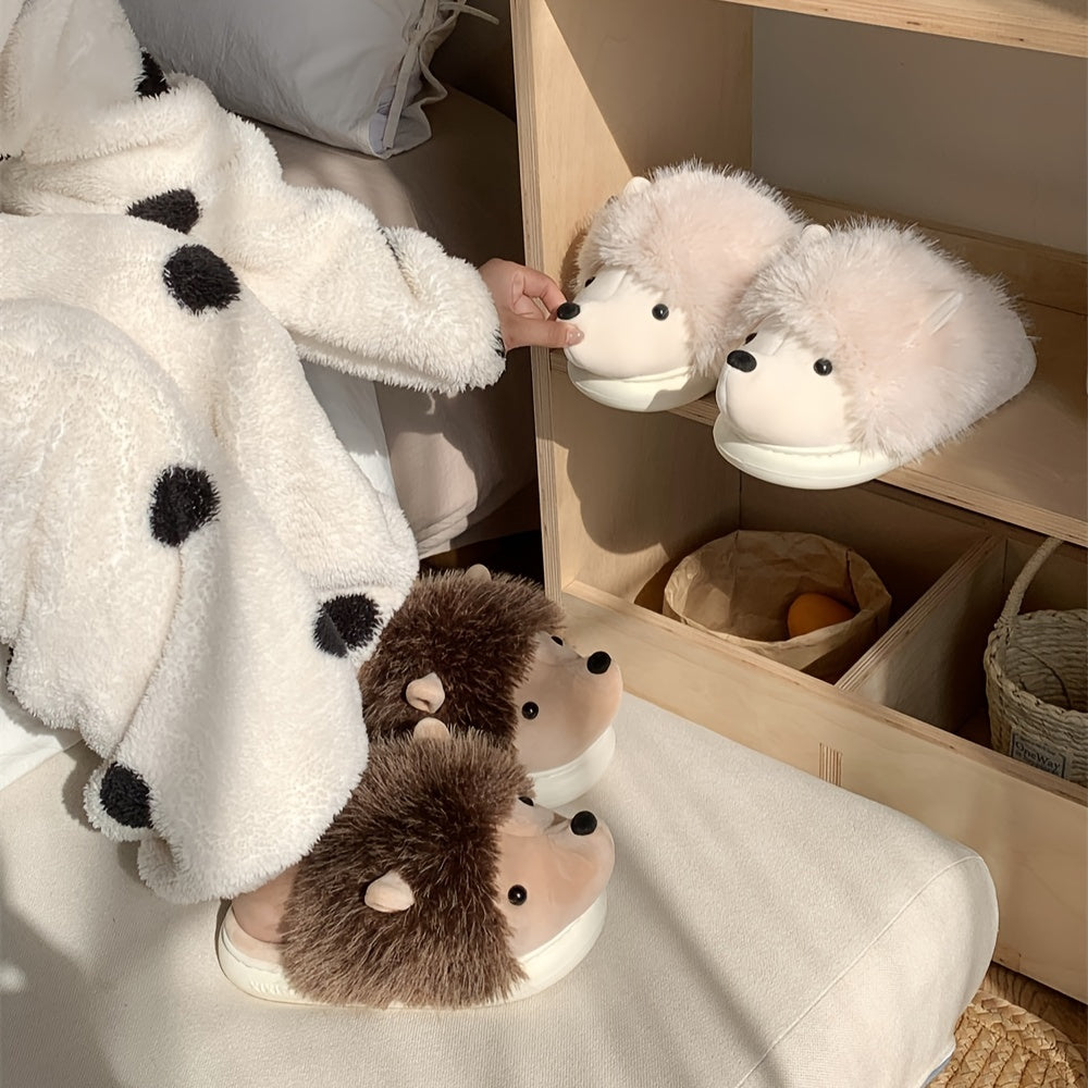 Women's Plush Hedgehog Slip-On Slippers, Soft Fabric Indoor Outdoor