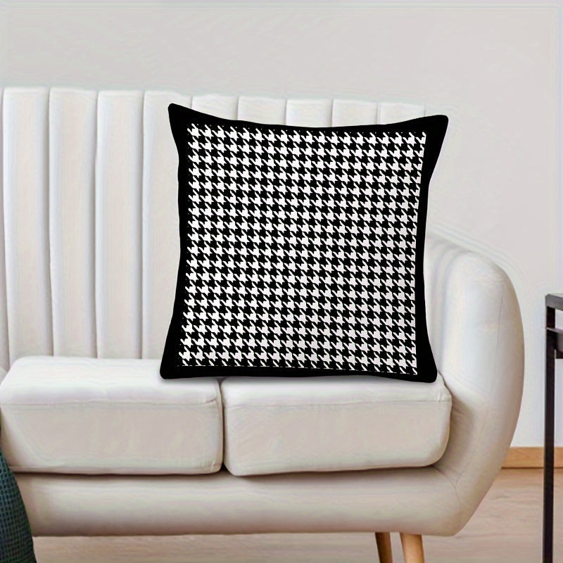 Reversible Contemporary Houndstooth Throw Pillow Cover 45cm Black and White Woven Polyester