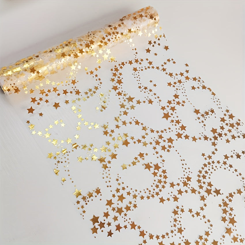 Linen Table Runner with Gold Metal Organza Stars for Christmas and Weddings