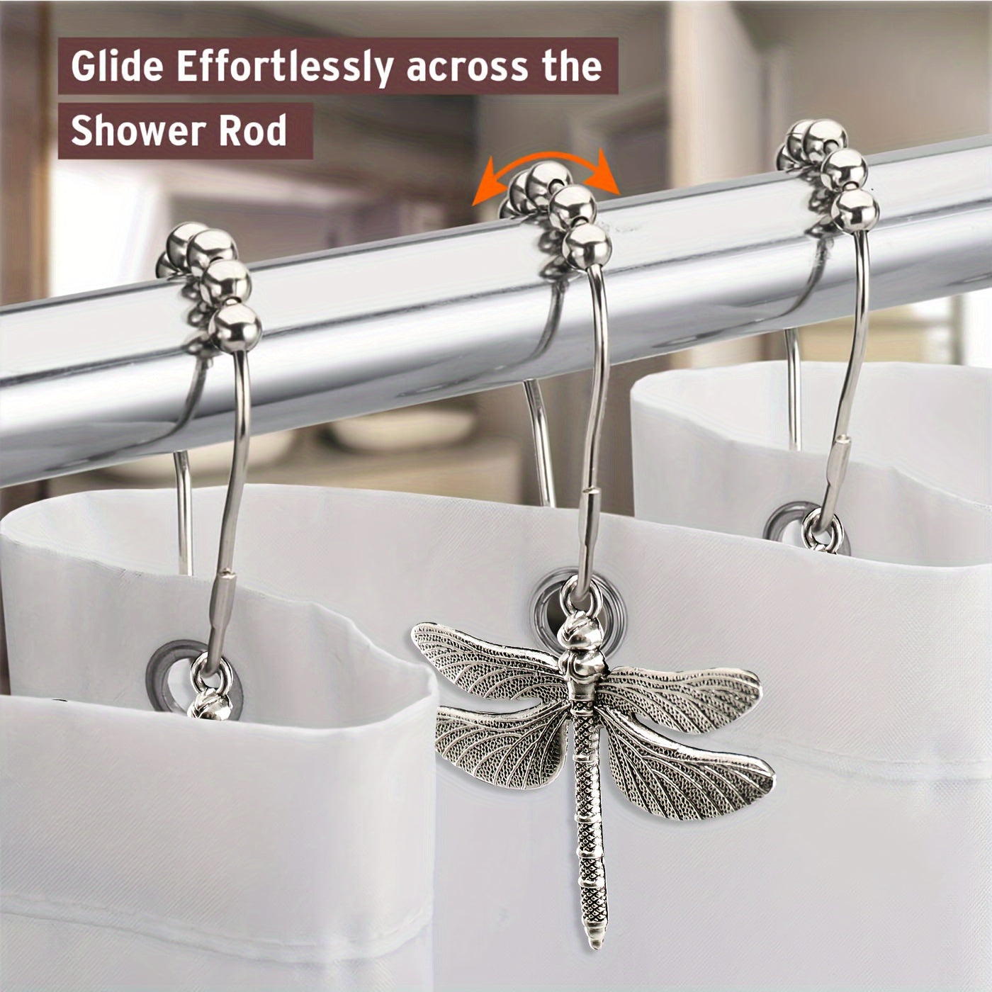 Set of 12 Dragonfly Shower Curtain Hooks Rustproof Metal Pearl Accents Waterproof Durable