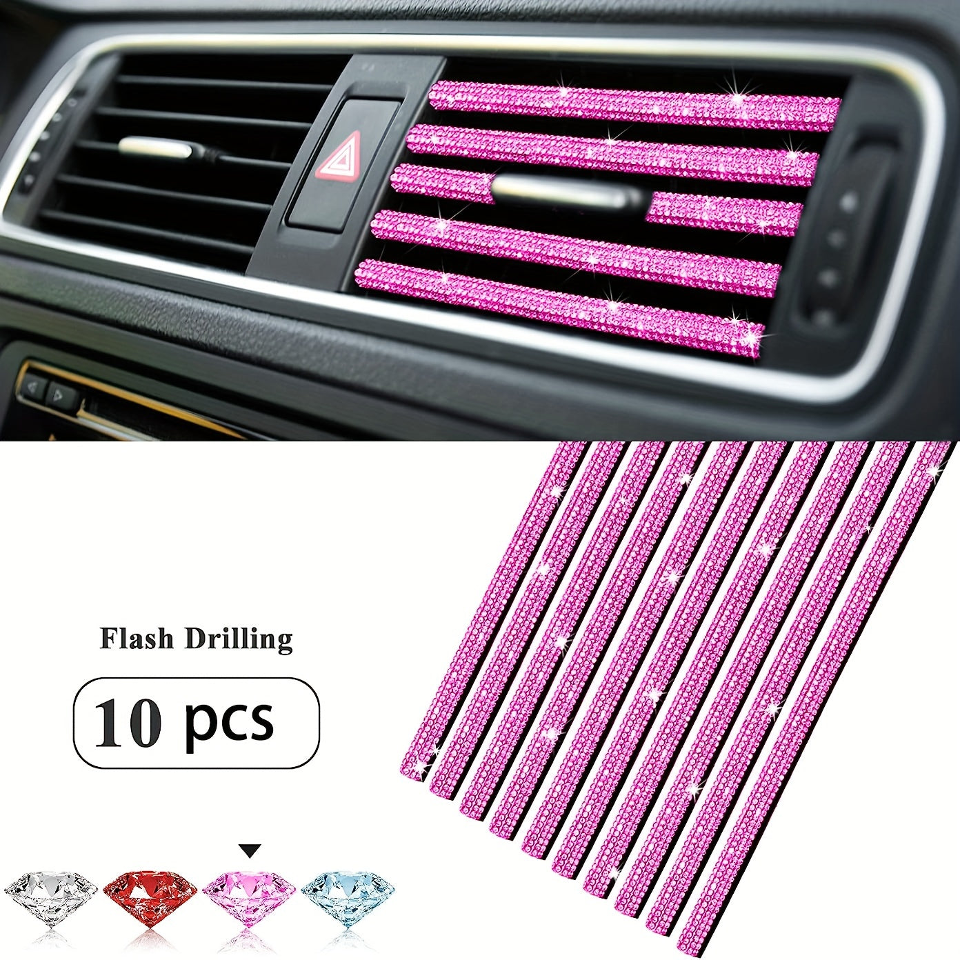 10pcs Pink Rhinestone Car Vent Trim Strips Durable Plastic Air Conditioner Outlet Decorations
