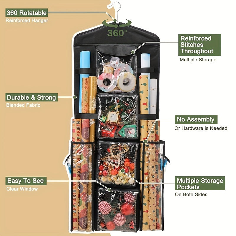 Double-Sided Hanging Wrapping Paper Organizer with Multiple Pockets for Gift Wrap Bows and Ribbons