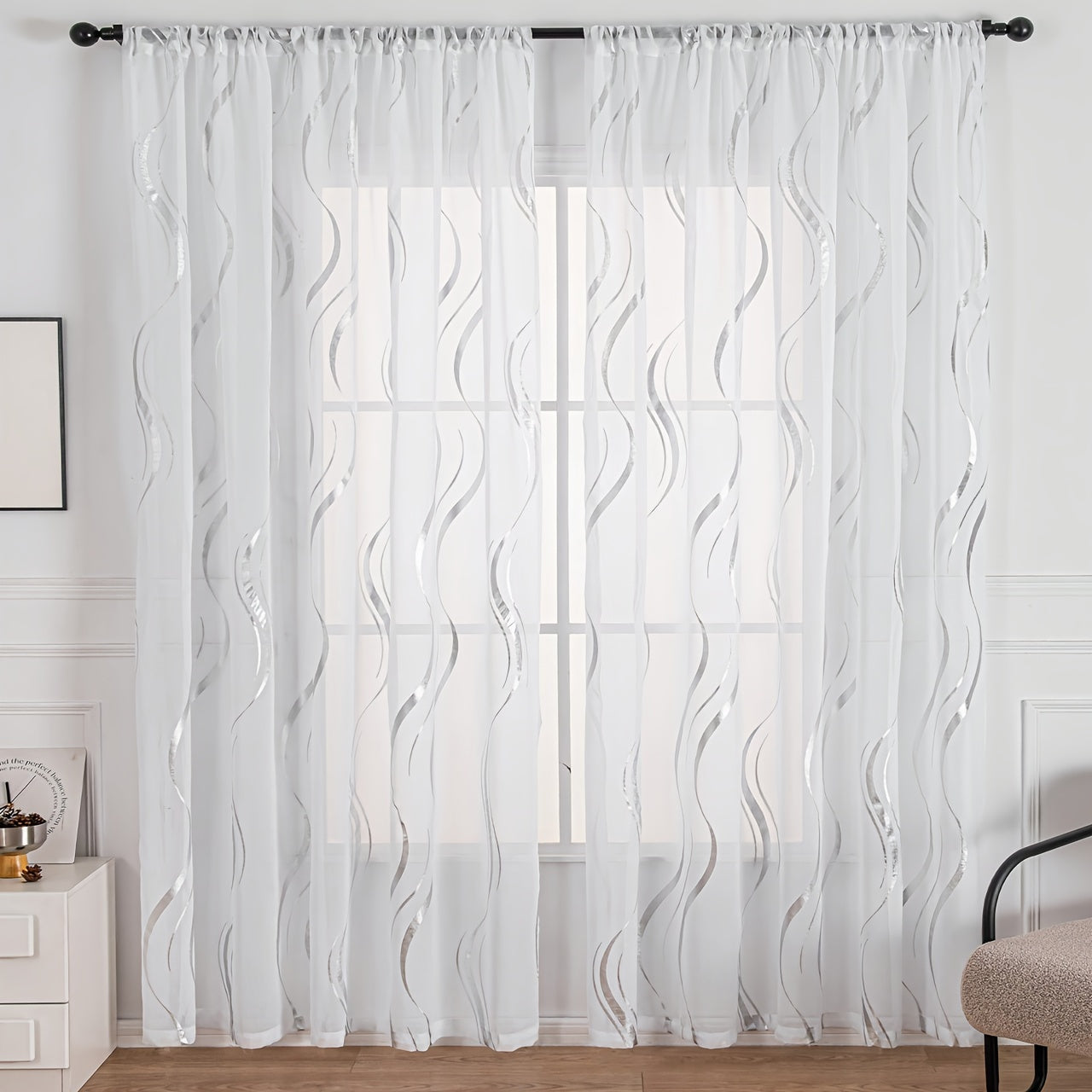 Black and White Water Ripple Pattern Curtain with Silver Hot Stamping for Window Screen