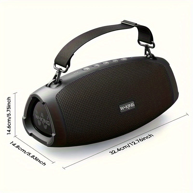 W-KING portativ simsiz dinamik, 90W cho'qqi quvvat, stereo ovoz, ikki tomonlama EQ, bass kuchaytirish, USB zaryadlash, 4-dinamik tizim, tugma boshqaruvi, TF karta sloti, AUX-IN, tashqi foydalanish uchun olib tashlanadigan tasma.