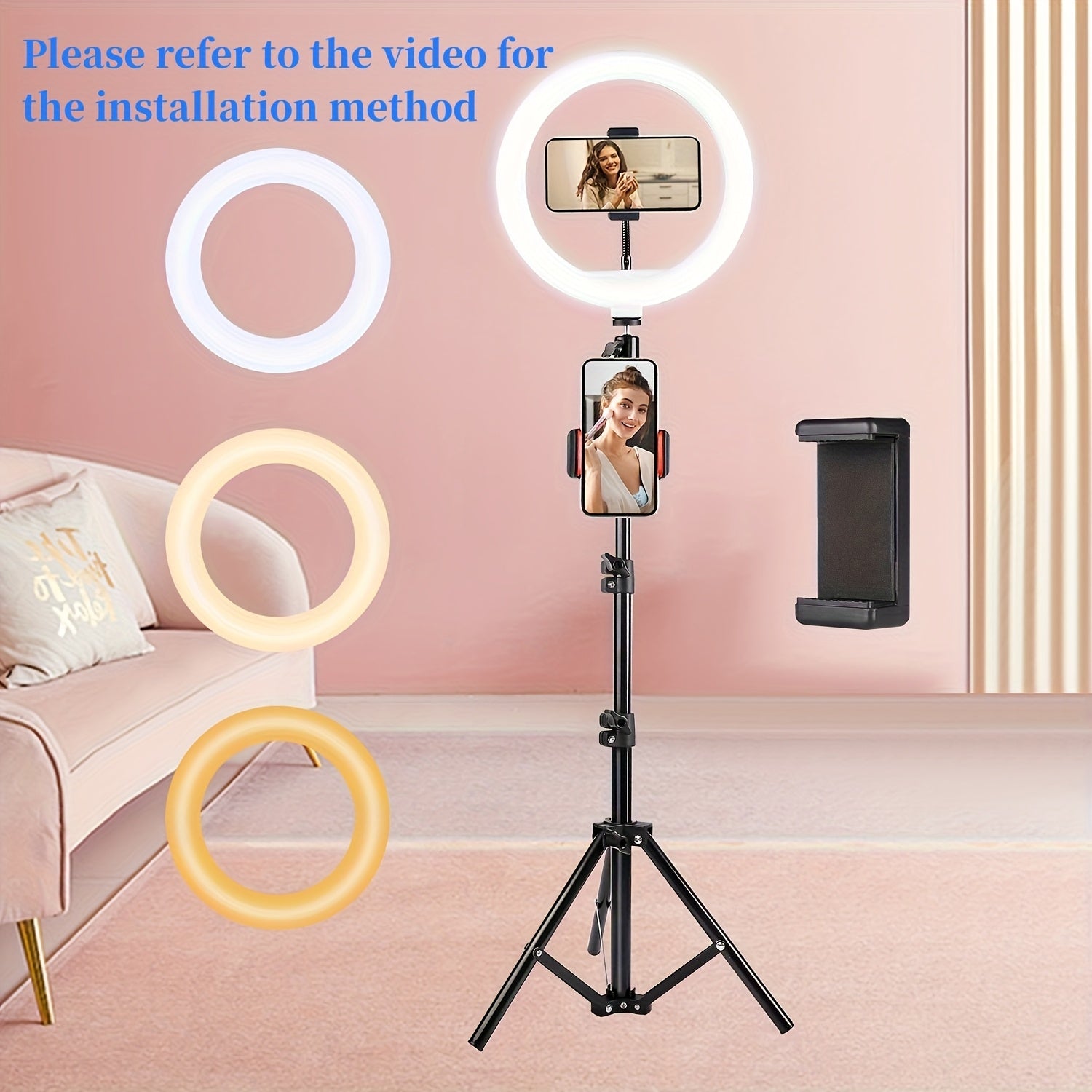 Комплект светодиодного кольцевого светильника для селфи с регулируемым штативом и двойной подставкой для телефона, 3 цветовых режима