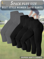 Plus Size Women Capri Pants High Stretch Solid Color Knit 5-Pack