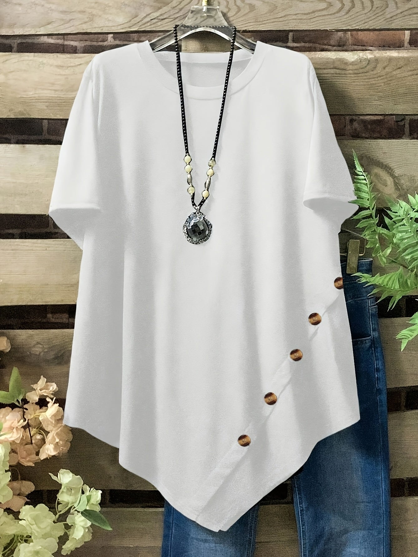 Plus Size Women's Loose Fit Short Sleeve T-Shirt Summer Casual Round Neck Solid Blue