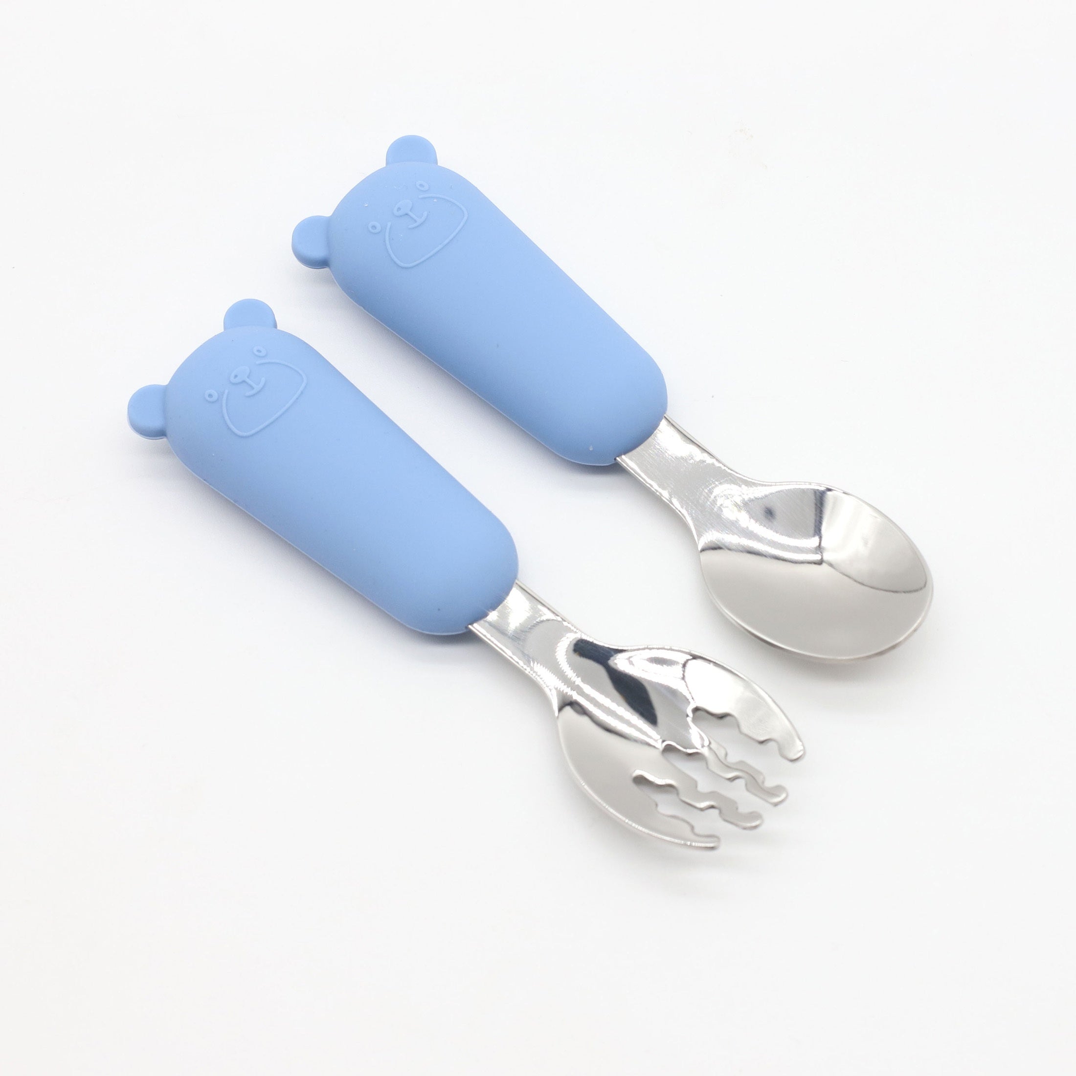 Baby Feeding Utensils Set Silicone and Stainless Steel Bear Shape for Babies Red Blue